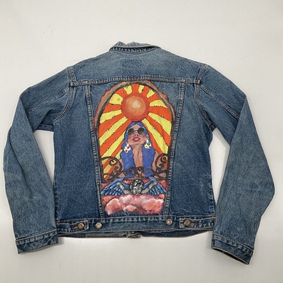 Vintage Jackets & Blazers - Vintage Hand Painted Denim Jacket Boho Hippie Woman Sun Angel Clouds Wom…